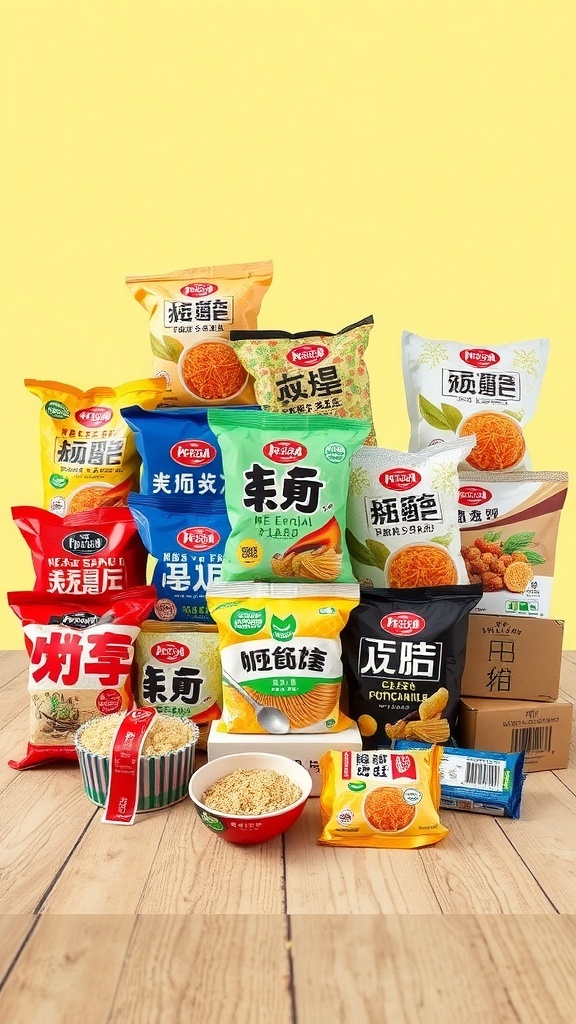 A collection of innovative noodle packaging designs with vibrant colors and clear labels on a wooden table.
